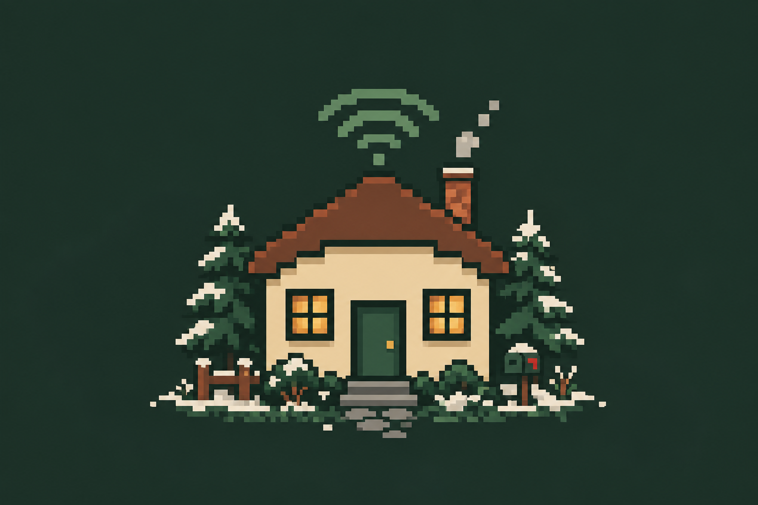 Pixel-art house with pine trees, warm windows and a Wi-Fi signal